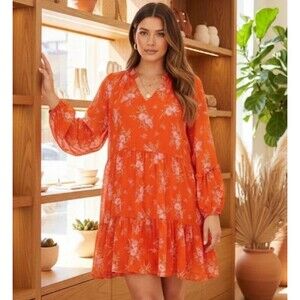 Vince Camuto Orange Pink Floral Tiered Babydoll Mini Dress Medium C3422900 NWT